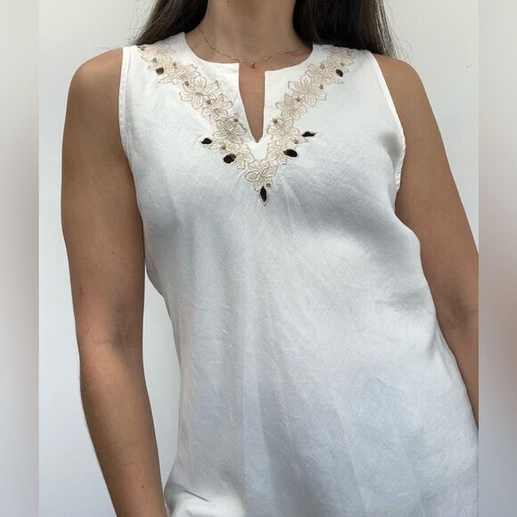 Vintage Y2K White Linen Sleeveless Floral Embroidered Tunic Top Size S - Picture 4 of 11